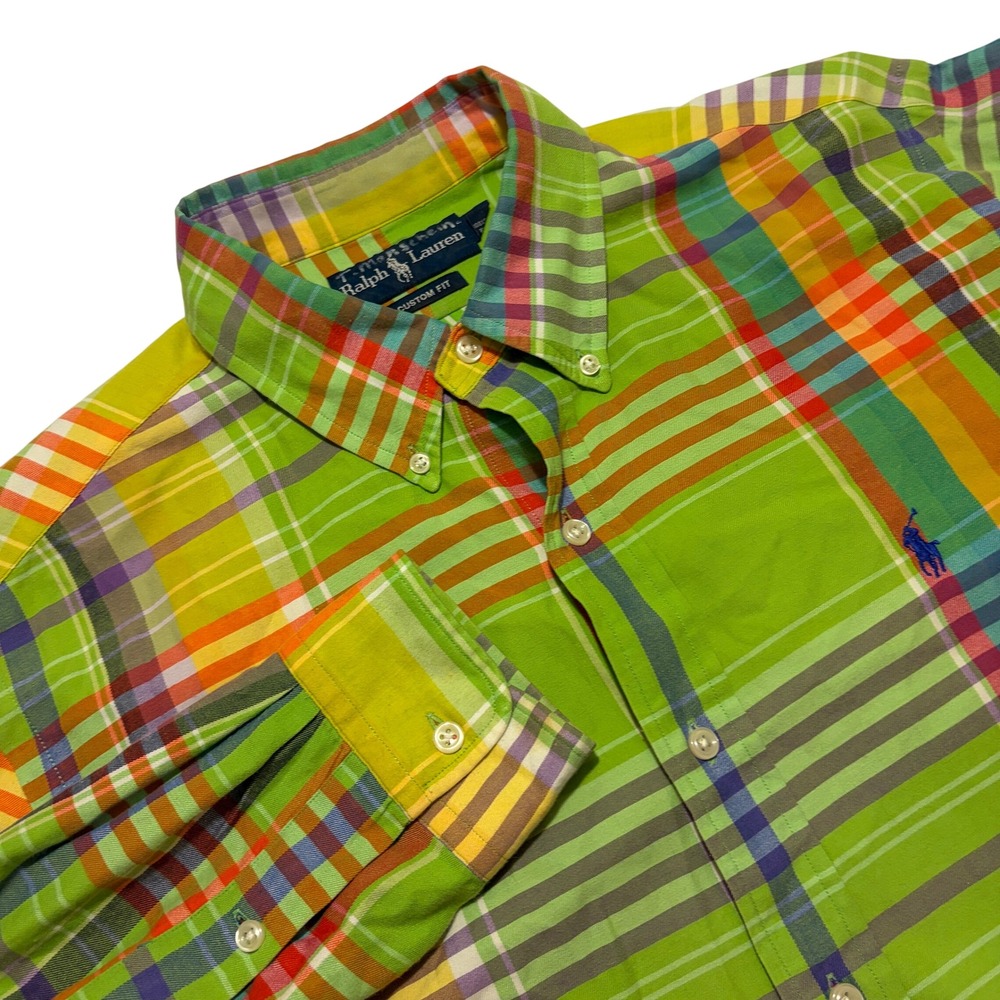 Ralph Lauren Mens Large Custom Fit Plaid Button Down Shirt Green Orange L/S Pony